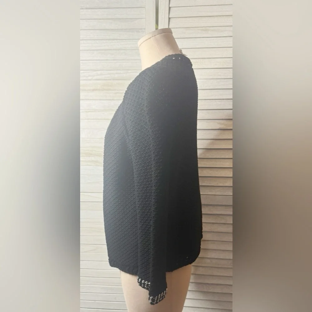 Chico’s Black Open Front Cardigan Silver Chain Detail Lightweight Boho Chic SM